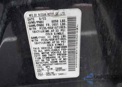 2004 Nissan Murano Sl z USA, uszkodzony, nr VIN JN8AZ08T74W202284